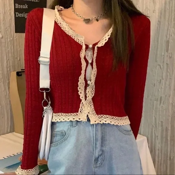 Lace cardigan thin sweater cropped style button red beige cream long sleeve knit - Picture 4 of 4